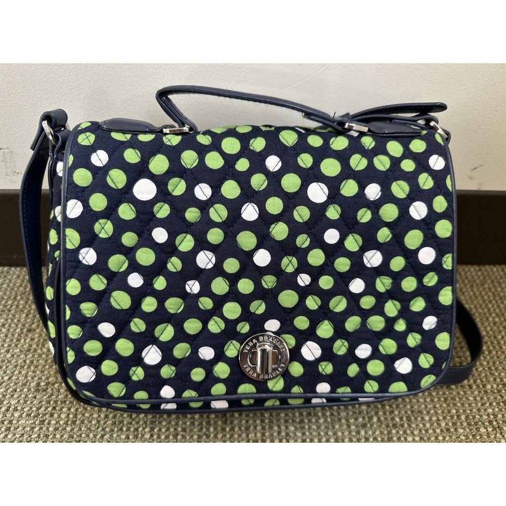 Vera‎ Bradley, Turnlock Crossbody Purse, Navy With Green And White Polka dots